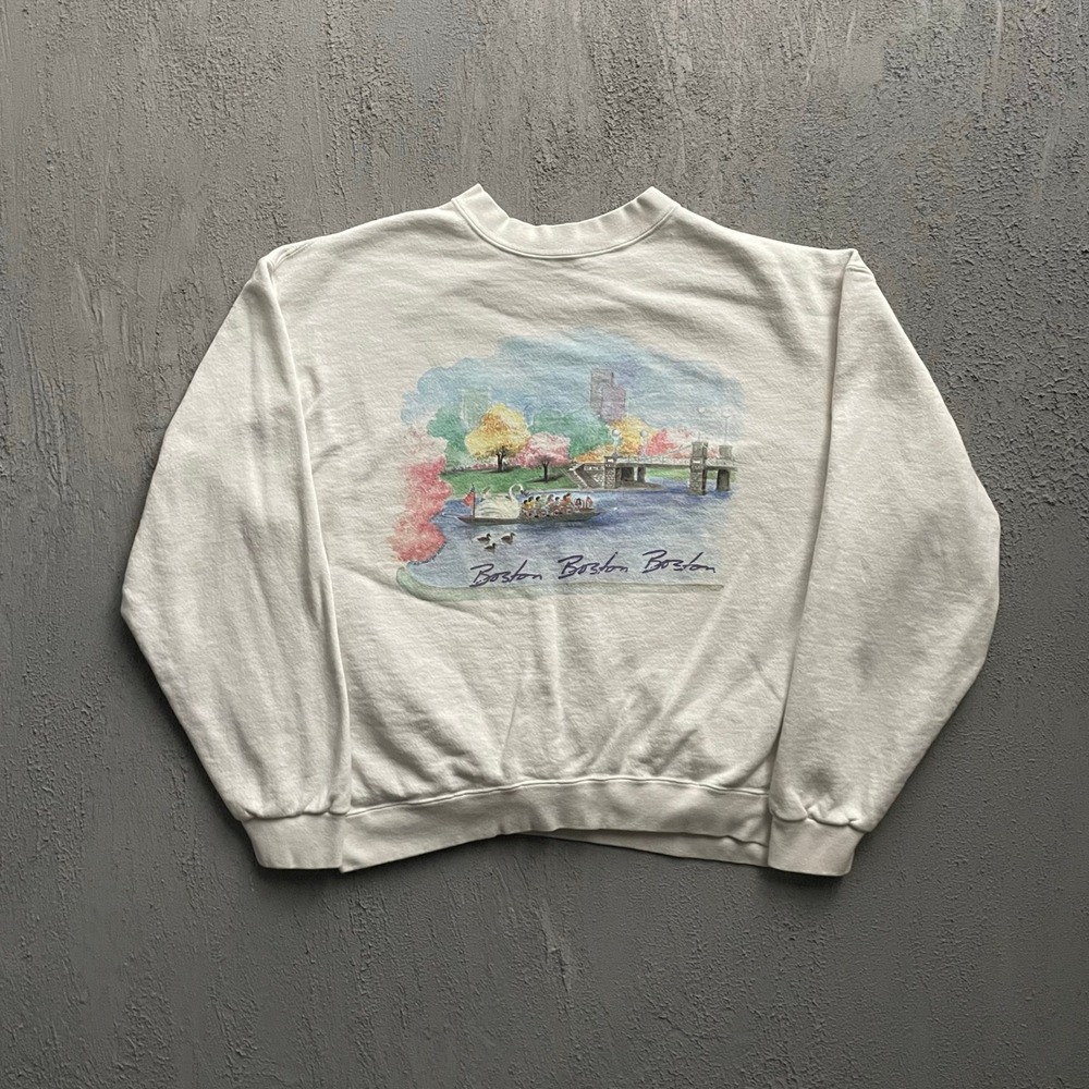 Vintage Boston Swan Boat Graphic Sweatshirt Mens Large White 90s Delta